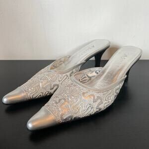 ASHRO Metallic Silver Lace Mesh Pointed Kitten Heel Mules 7.5M